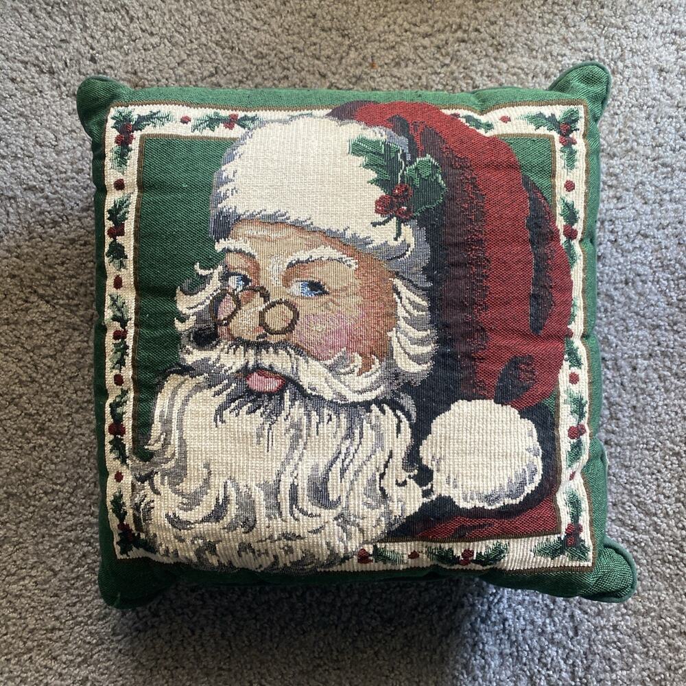 Santa Large Holiday Green Tapestry Square Throw Pillow 17 x 17 Christmas Decor